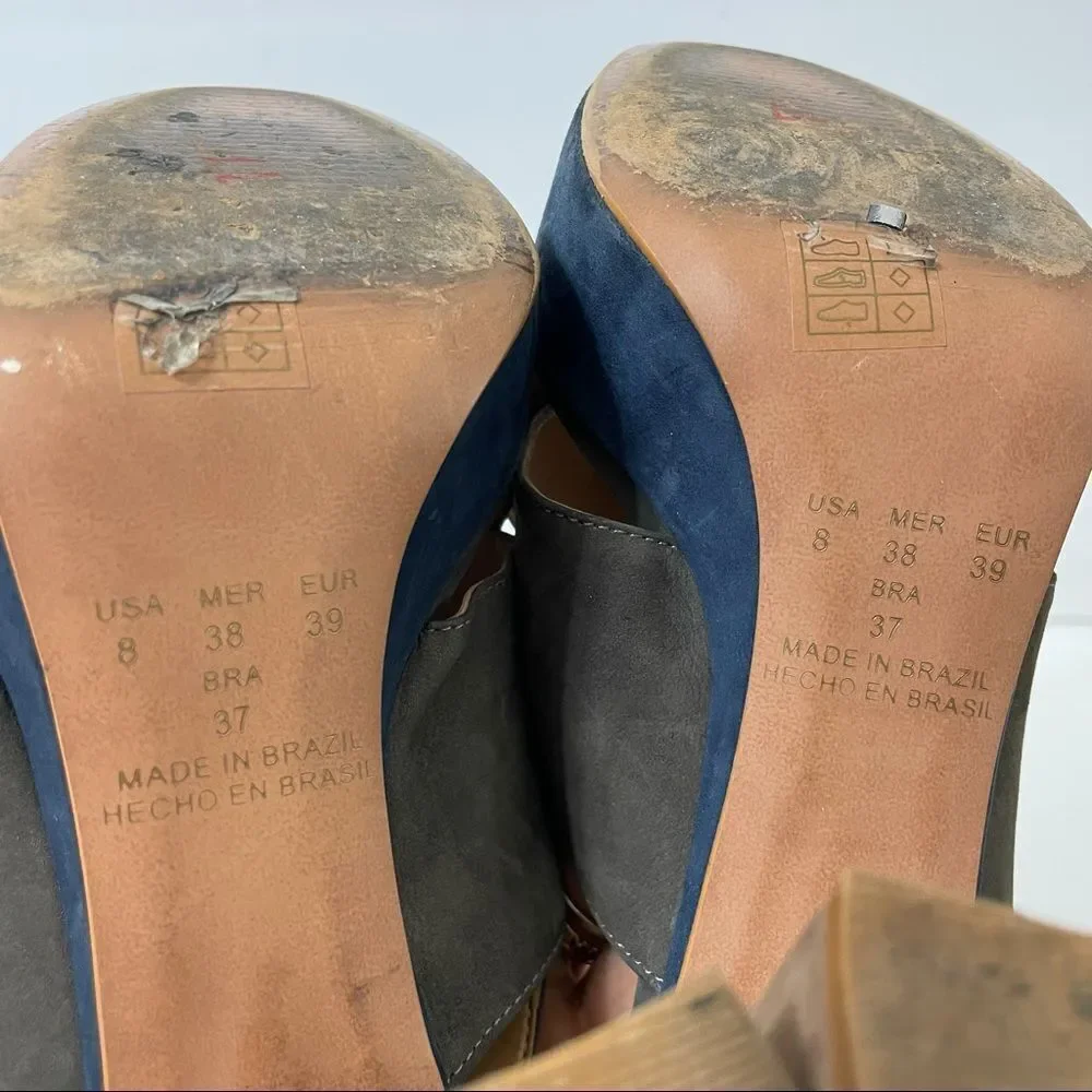Klub Nico Gray Tan Navy Suede Chunky Heeled Platform Sandals